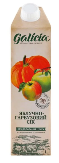 Яблучно-гарбузований сік Galicia з м’якоттю гомогенізований стерилізований картонна пляшка 1л